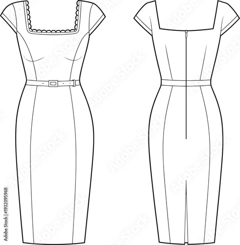 Elegant fitted women dress fashion design, technical flat sketch, sheath dress template, short sleeve bodycon dress front and back view, CAD drawing vector illustration