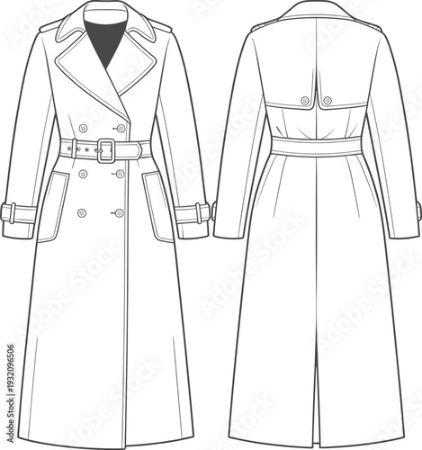 Flat vector CAD illustration of trench coat template with wide lapels, double-breasted front, belted waist, buckle cuffs, back vent