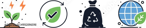 Eco-friendly icons set with recycling, renewable energy, sustainability, and environmental protection symbols