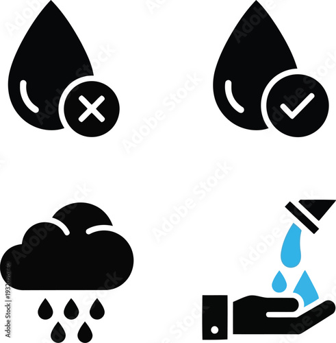 Water quality icons set with rain, hand washing, approved and rejected water drop symbols