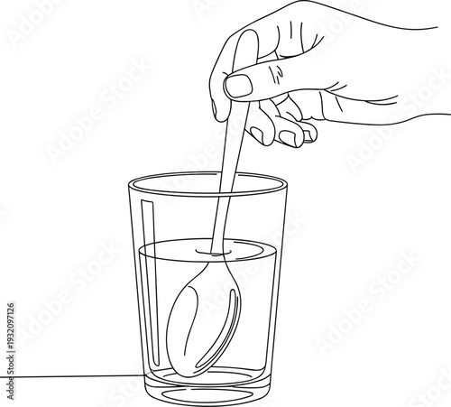 Hand stirring liquid, spoon in glass, line drawing, clean illustration, mixing action, transparent cup, everyday activity, minimal style, kitchen concept, simple sketch, 