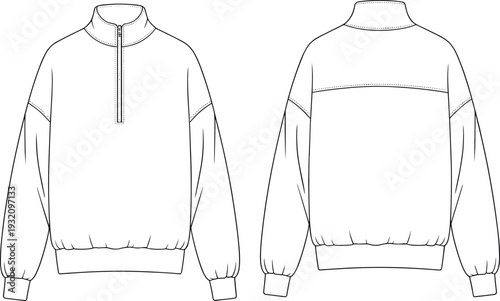 Half zip pullover sweatshirt flat sketch, front and back view, high neck sweater cad template, unisex fashion illustration