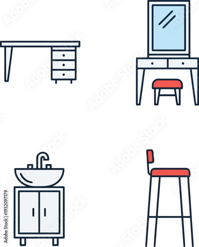 Modern furniture line icons set with desk, vanity, sink cabinet, and bar stool on white background