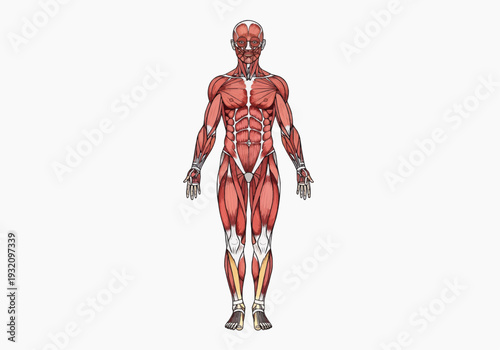 A full frontal diagram illustrates the complete muscular structure of the human body, isolated against a plain white background for educational use.