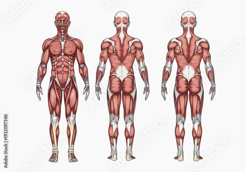 Anatomical illustrations display the anterior, superficial posterior, and deep posterior views of the entire human musculature system on a white background.