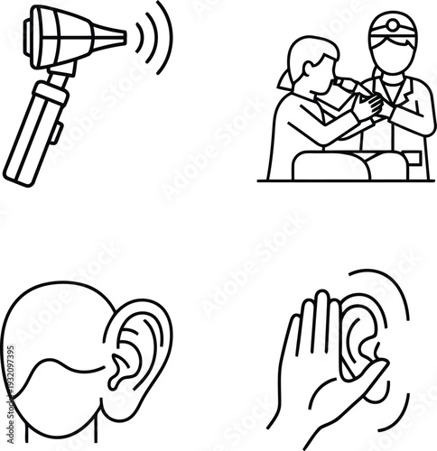 Hearing examination and ear health line icons set for audiology and medical diagnostics