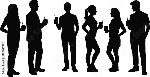 Young people drinking beverages silhouettes, men and women holding takeaway cups, casual social lifestyle vector illustration isolated on white background