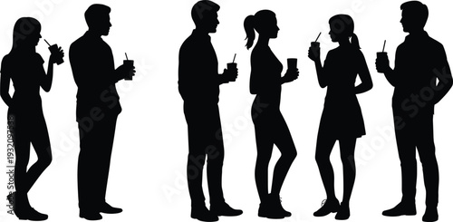 People drinking coffee silhouettes collection, men and women holding takeaway cups, casual lifestyle vector illustration set isolated on white background