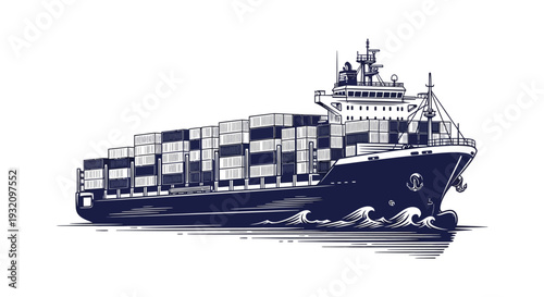 Detailed illustration of a large container ship navigating through ocean waves