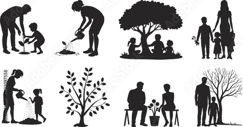 Family and tree planting silhouettes collection, parents and children gardening, caring for nature and environment concept vector set isolated on white