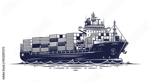Detailed illustration of a large cargo ship loaded with containers at sea