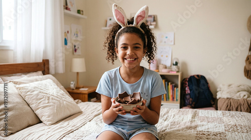 Happy mixed heritage girl enjoying chocolate Easter treats in bedroom