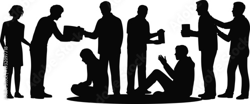 Charity and donation silhouettes collection, volunteers giving food and water to homeless people, social help concept vector set isolated on white