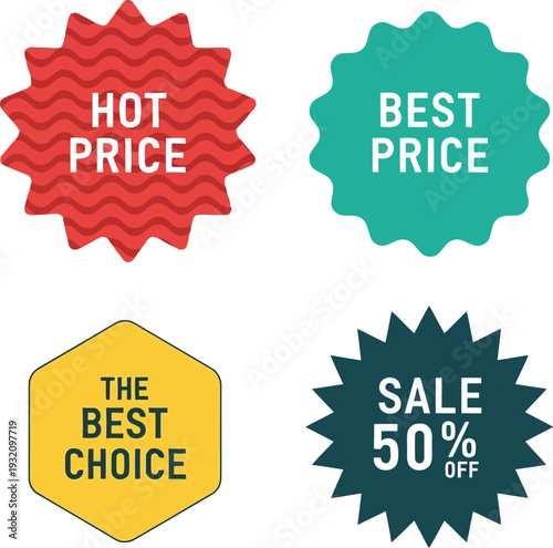 Colorful promotional sale badges set with hot price, best price, best choice, and 50 percent off discount labels
