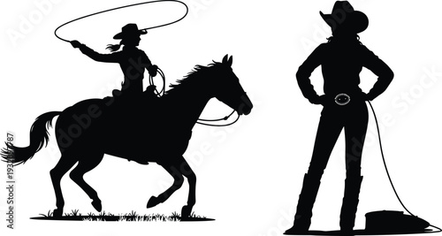 Cowgirl silhouette with horse and lasso, western rodeo woman riding and standing pose, black vector illustration isolated on white background