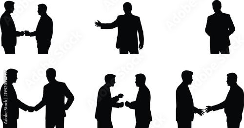 Business handshake silhouettes collection, professional men greeting, negotiating and discussing, corporate partnership concept vector set isolated on white background