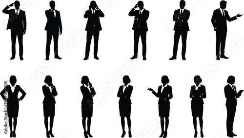 Business people silhouettes set, professional men and women in formal wear posing, standing, gesturing, isolated vector style collection for design use