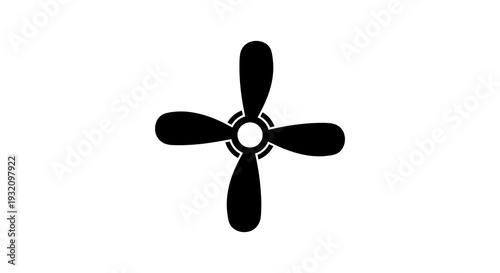 Simple black silhouette of a four bladed ceiling fan against a white background