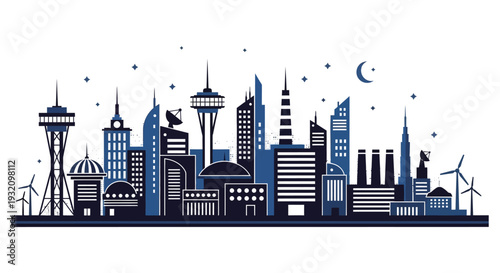 Stylized cityscape silhouette featuring seattle s skyline under a crescent moon