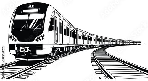 A black and white illustration depicting a modern high speed passenger train on tracks