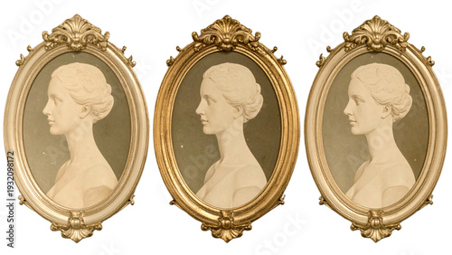 Vintage female silhouette portraits in ornate oval frames showcasing Victorian style elegance, classic cameo illustration, antique decorative design elements