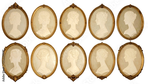 Vintage female silhouette portraits in ornate oval frames showcasing Victorian style elegance, classic cameo illustration, antique decorative design elements