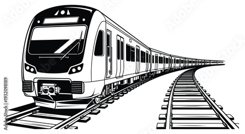 A sleek modern high speed train travels along a winding railway track