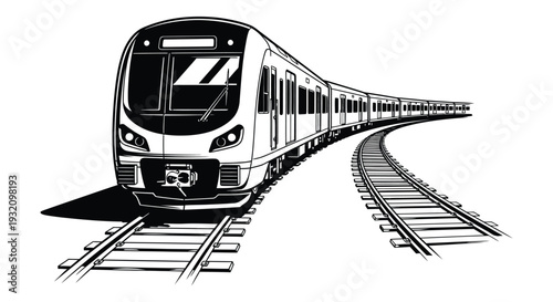 A sleek modern high speed train travels along a curved railway track