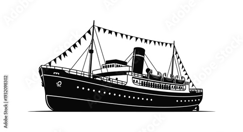 Black and white illustration of a classic paddle steamer with bunting flags
