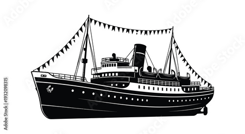 Vintage steamship illustration with bunting depicted in a classic black and white style