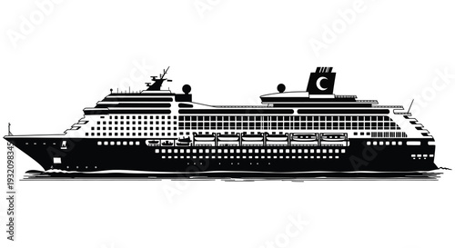 Black and white illustration of a large cruise ship sailing on the water