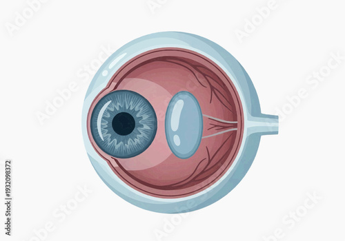 Cross-section illustration of human eye showing iris, lens, retina, optic nerve anatomy