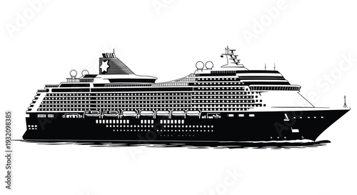 Black and white illustration of a large cruise ship sailing on water