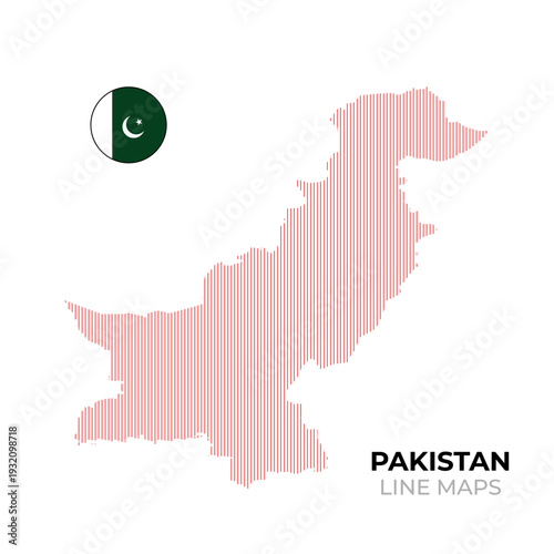 Pakistan Line Map with National Flag on White Background