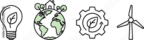 Eco-Friendly Energy Icons Set with Light Bulb, Earth, Gear, and Wind Turbine in Minimal Line Art Style