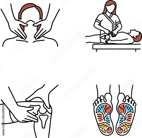 Vector Line Art Illustrations of Massage Therapy Techniques and Reflexology for Wellness and Healthcare