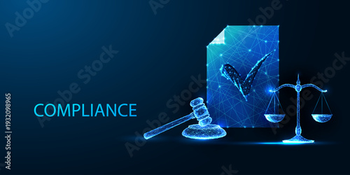 Corporate compliance concept with checkmark, scale, and certificate, business law and ethics vector