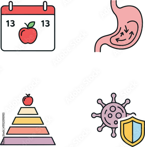 Healthy eating habits icons set with nutrition pyramid, immune system, digestion, and meal planning