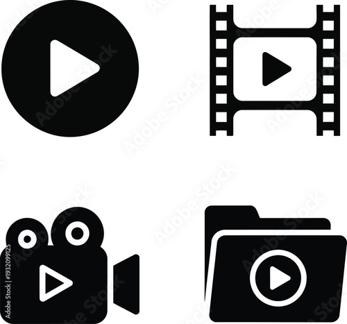 Set of Black Video Play Icons for Media, Streaming, and Multimedia Applications