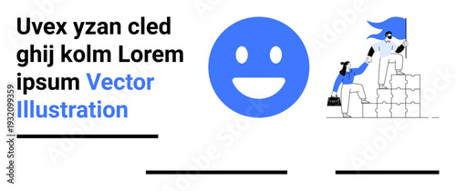Team collaboration, leadership, motivation, design concepts, workplace success, positivity. Large happy face icon and people scaling blocks. Team collaboration and leadership concept