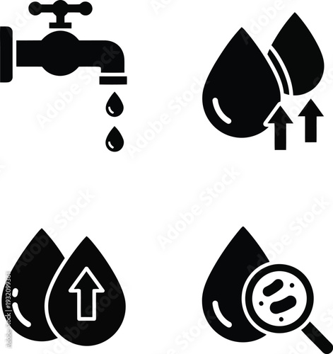 Water purification and filtration icons set, clean water drop, faucet, bacteria analysis, vector illustration