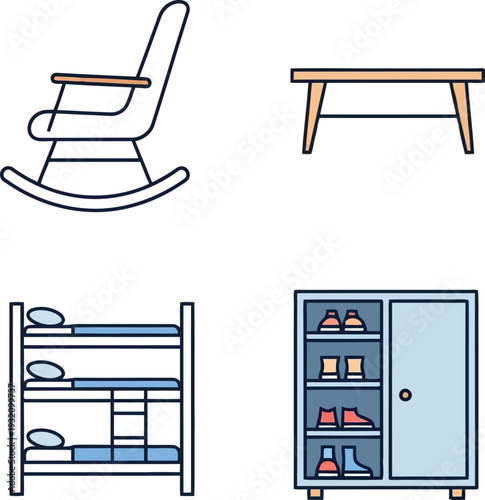 Modern furniture vector icons set with rocking chair, coffee table, bunk bed, and wardrobe