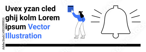 Time management, notifications, organization, productivity tools, reminder systems, digital planning. Woman holding a calendar next to a ringing bell. Time management and notifications concept