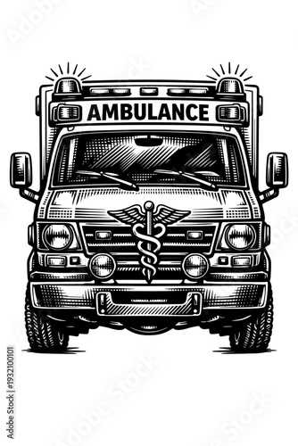 Black and white woodcut illustration of a vintage ambulance, front view, with 'AMBULANCE' text and emergency lights, featuring a prominent Caduceus symbol on the grille. Classic linocut style, highly