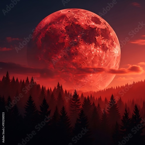 Colossal crimson celestial body dominates the horizon above a dark evergreen forest landscape