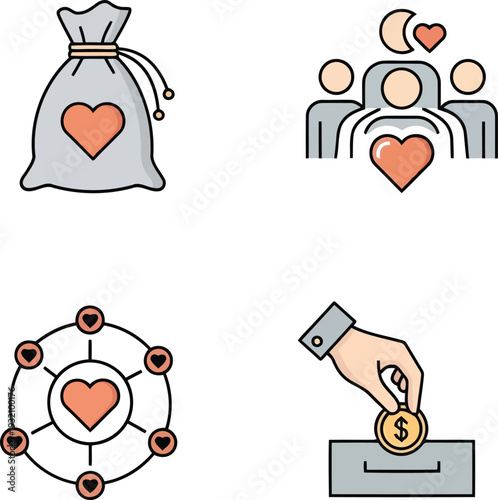 Charity Donation Icons Set – Fundraising, Giving, Nonprofit Support, Community Care, Vector Illustration