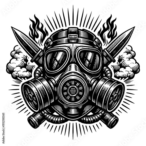 Intricate monochrome illustration of a gas mask with dual combat knives, emanating dangerous smoke and fiery flames amidst a radiating burst design. A powerful, vintage-style emblem for tactical, surv