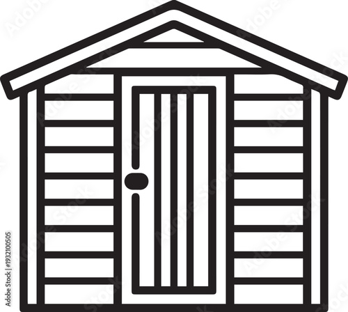 Simple and elegant line drawing of a charming garden shed with a gable roof and sturdy wooden door, illustrating functionality and simplicity.