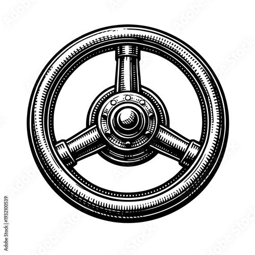 Vintage Engraved Industrial Valve Handwheel, Steampunk Style Mechanical Control Wheel Illustration. Detailed Antique Nautical Steering Gear Design Element, Black and White Vector Graphic Isolated for