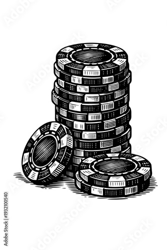 Detailed black and white woodcut illustration of a stacked pile of casino poker chips and two loose chips, capturing the essence of gambling, strategic card games, and the thrill of betting. Perfect f